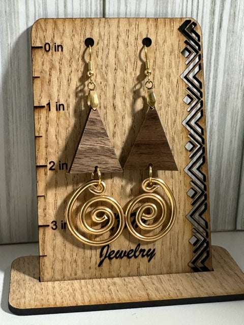 Skinny Triangle Wood and Spiral Wire Statement Earrings